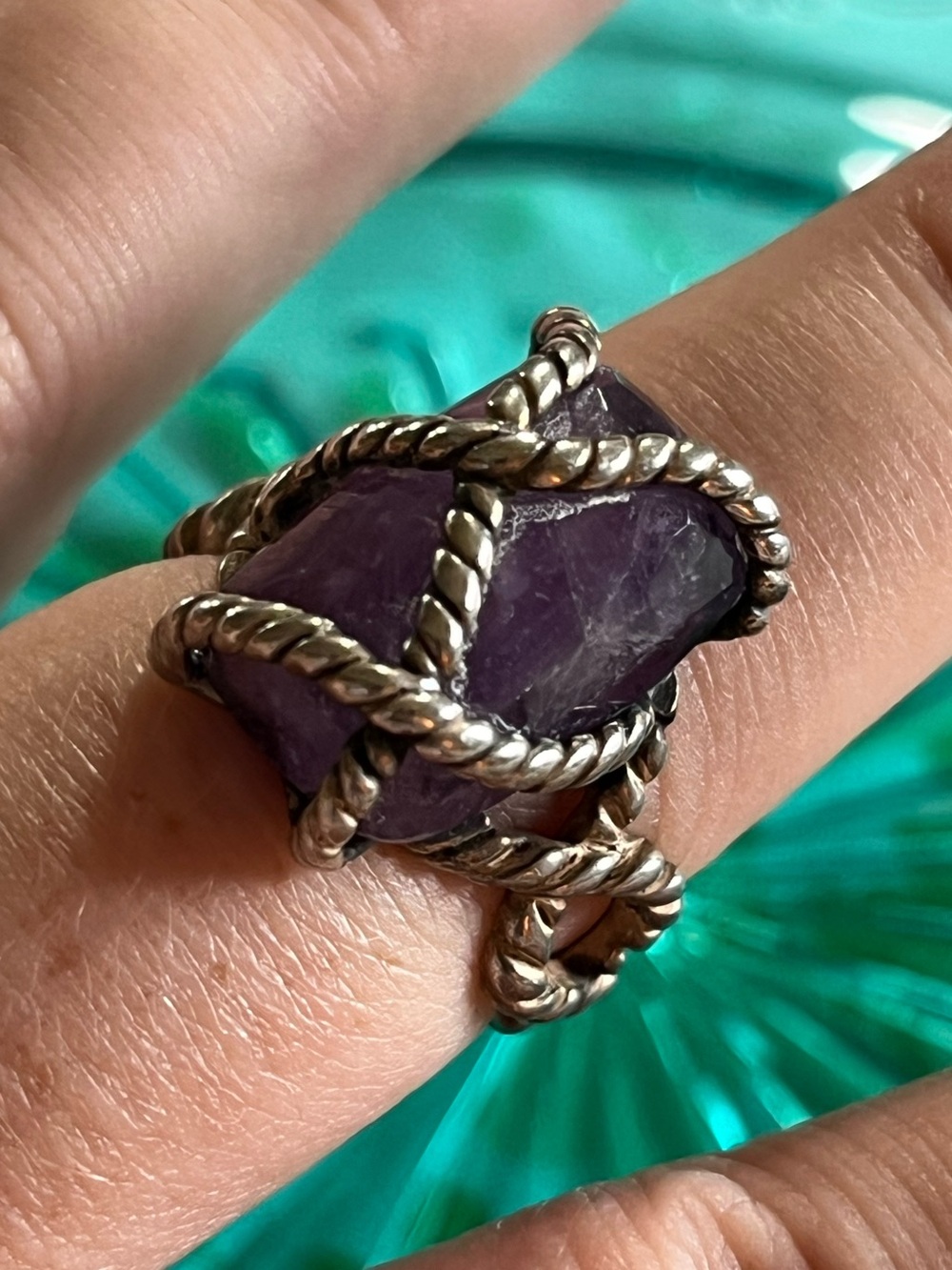 Vintage Sterling Silver 925 Rope Twist Amethyst Size 8 Ring